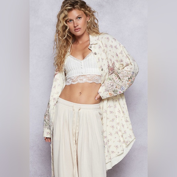 POL patchwork lace button down top Floral Embroidered Cream boho - Picture 2 of 8